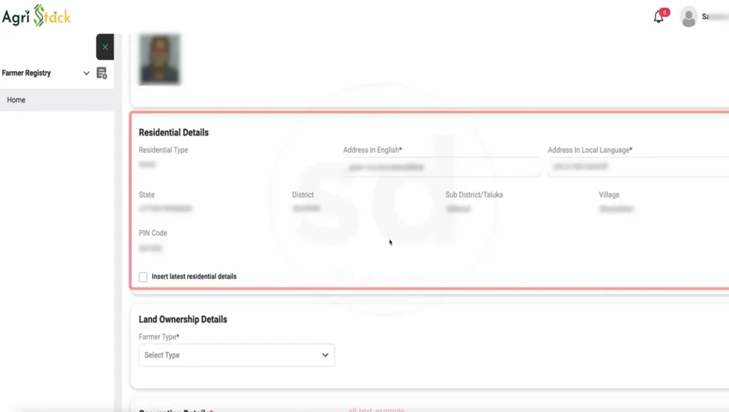 Residential details and land ownership farmer type section of AgriStack farmer registration form