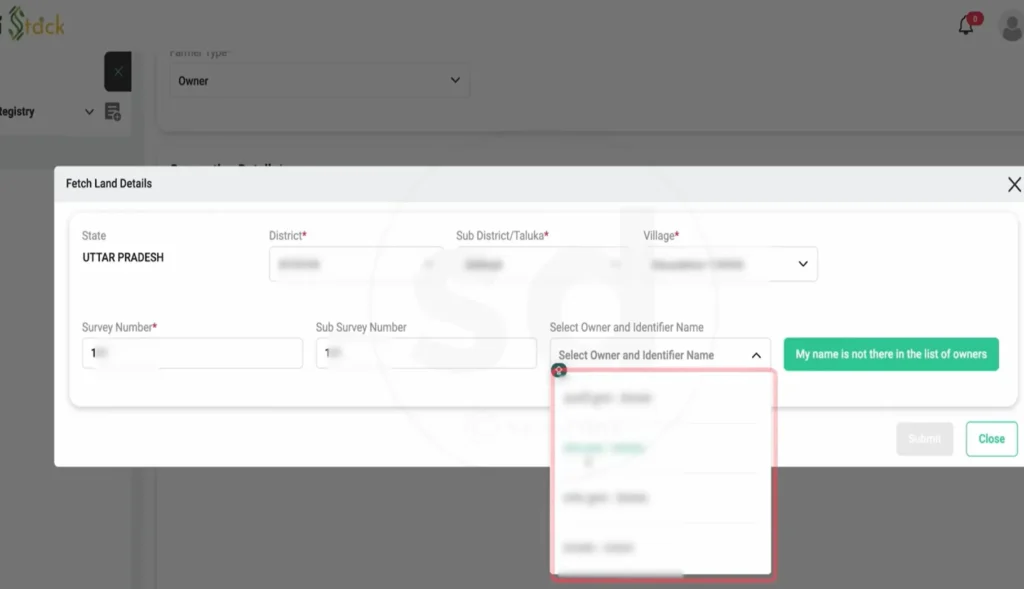 Survey number entry and owner selection dropdown in AgriStack fetch land details on UP Farmer Registry