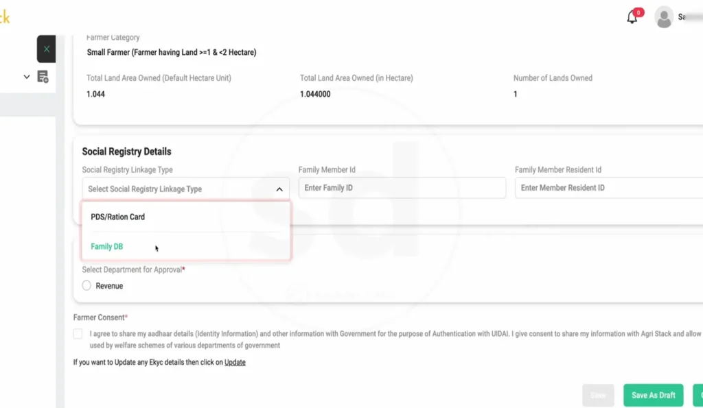 Social registry linkage type dropdown with PDS ration card and Family DB options on AgriStack