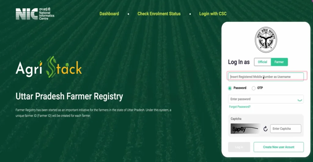 AgriStack login with Farmer option selected and registered mobile number as username field