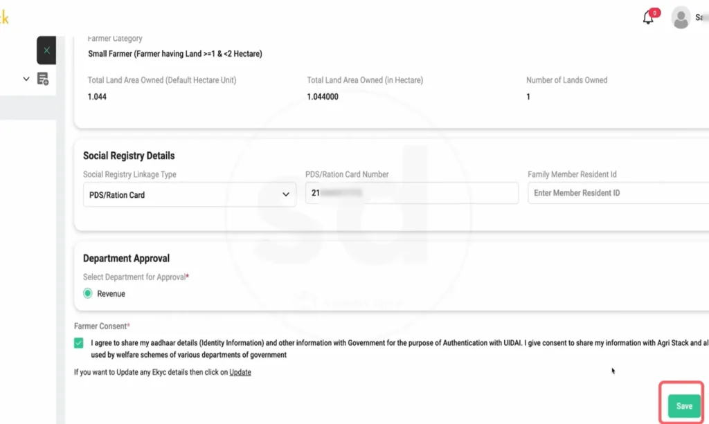 Completed social registry details with ration card number, department approval and farmer consent and Save button on AgriStack