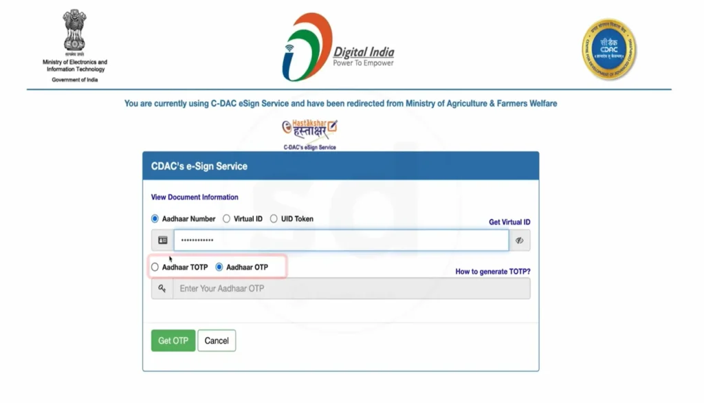 CDAC e-Sign service screen redirected from Ministry of Agriculture for Aadhaar OTP signing