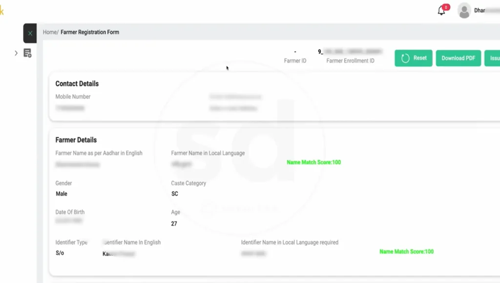 Completed AgriStack farmer registration form showing Farmer ID, Enrollment ID, name match score and Download PDF button