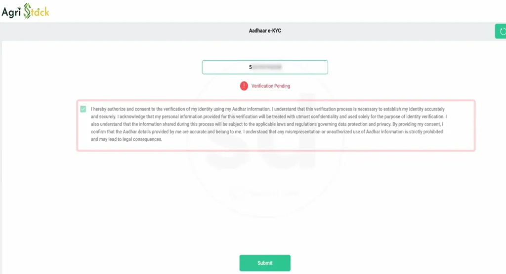 AgriStack Aadhaar e-KYC consent screen with verification pending status on UP Farmer Registry