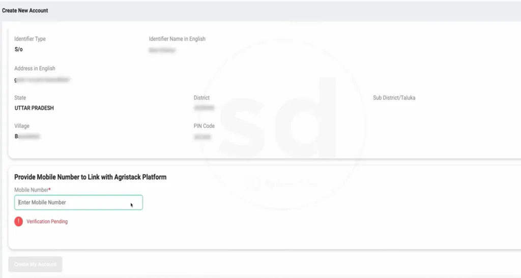 Create new account screen linking mobile number to AgriStack platform on UP Farmer Registry