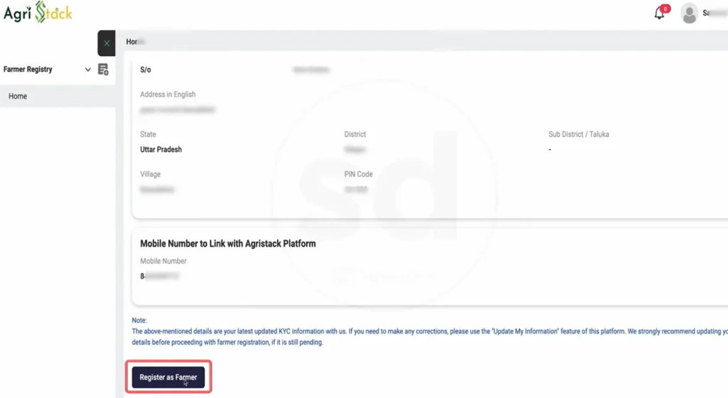 AgriStack home dashboard showing KYC details and Register as Farmer button on UP Farmer Registry
