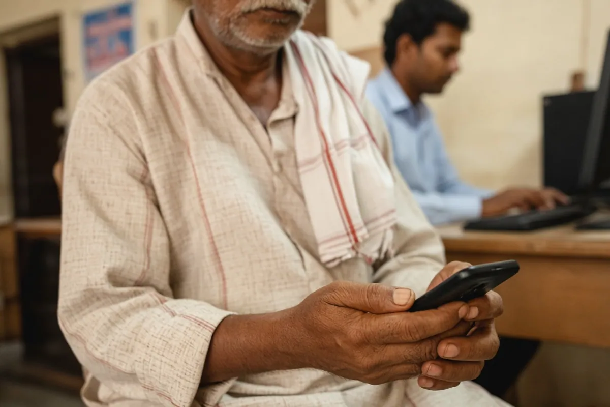 Farmer holding his phone close to his body at a service centre while the operator types at a computer behind him