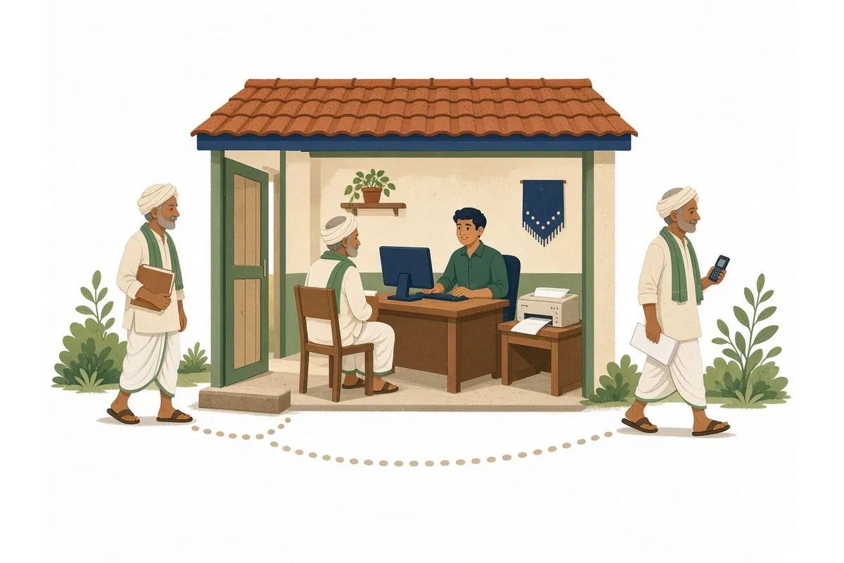 Illustration of a farmer arriving at a village service centre with papers, sitting with the operator at a computer, then leaving with a printed sheet