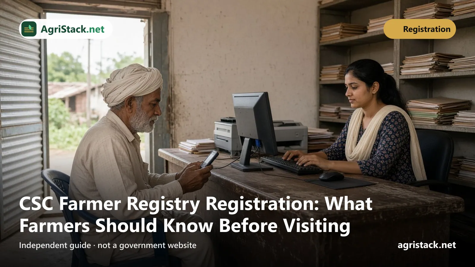 Farmer seated at a village Common Service Centre counter while the operator works on a computer