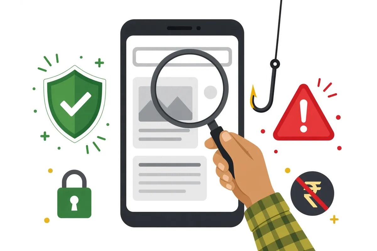 Illustration of a hand holding a magnifying glass over the address bar of a phone, between a green safety shield and a red warning sign with a fishing hook