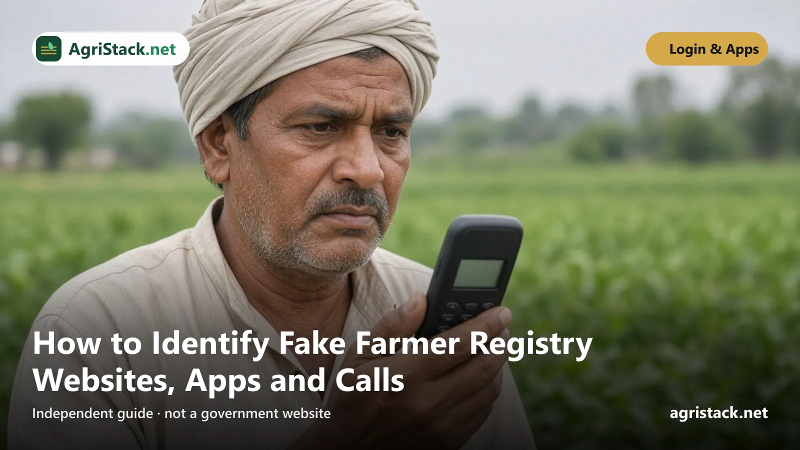Farmer looking carefully at a basic mobile phone screen while standing in a field