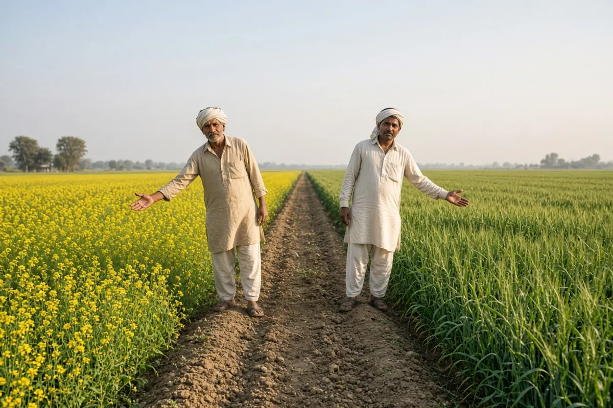 Two farmers standing on a narrow bund that splits one field into a mustard strip and a wheat strip, each gesturing to his own side