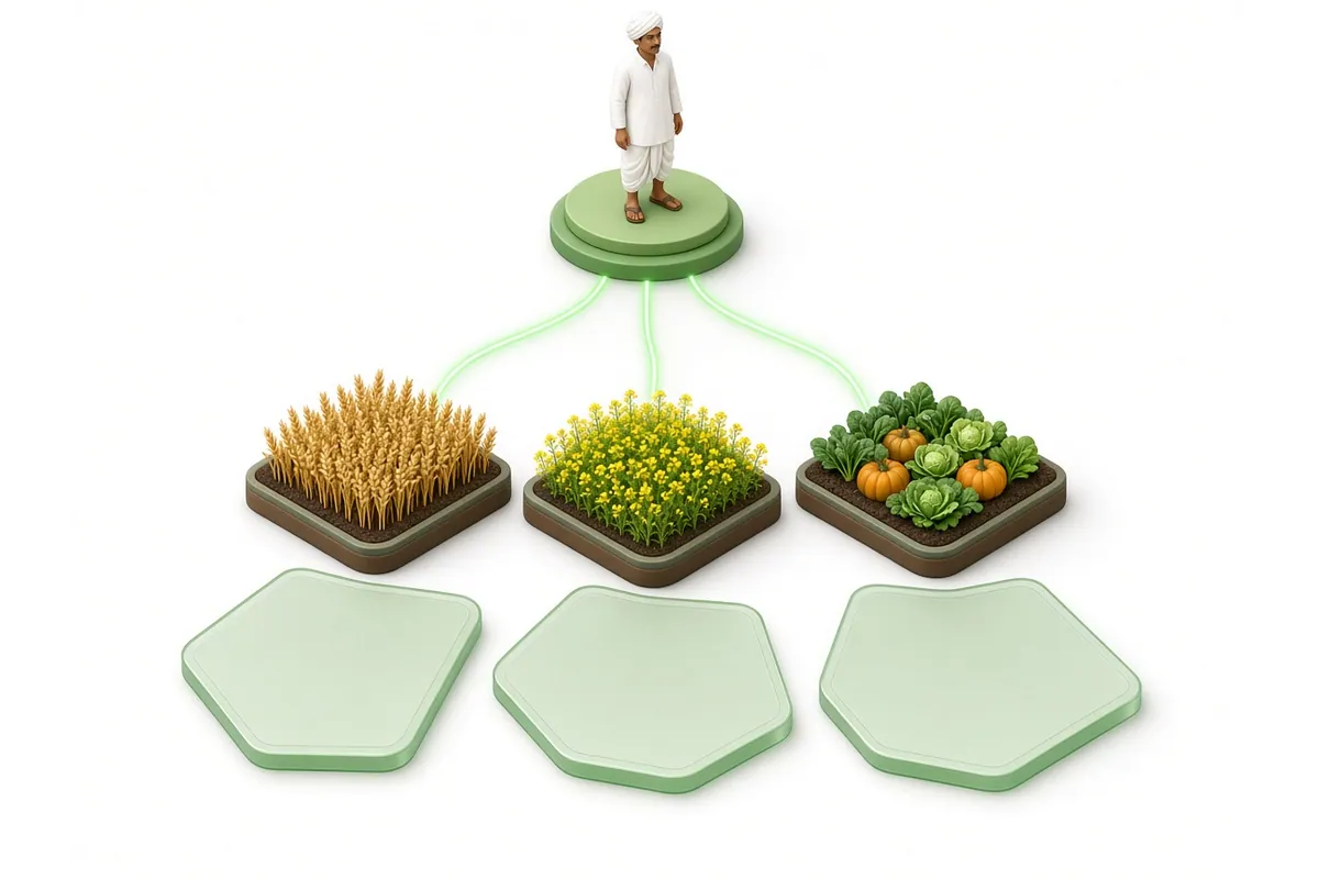Isometric illustration of one farmer on a pedestal linked by green lines to three crop plots, each sitting above a larger land parcel