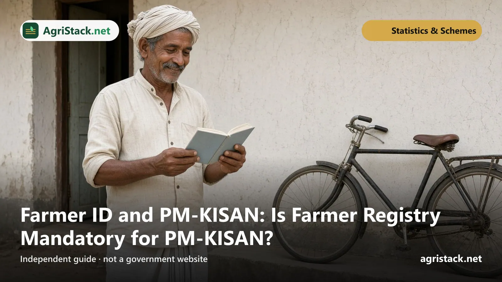 Smiling farmer reading a small passbook outside a village building, with a bicycle leaning on the wall