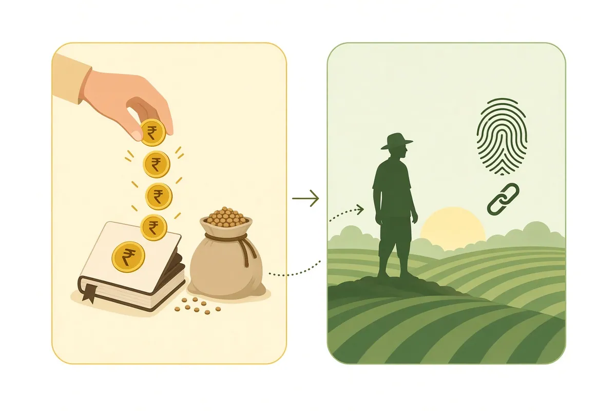 Two-panel illustration: rupee coins dropping onto a passbook beside a seed sack, and a farmer silhouette with a fingerprint and a link icon