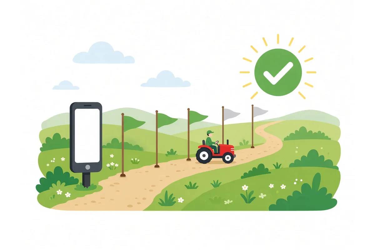 Illustration of a tractor on a field road passing five flags, three green and two grey, from a phone signpost toward a green tick