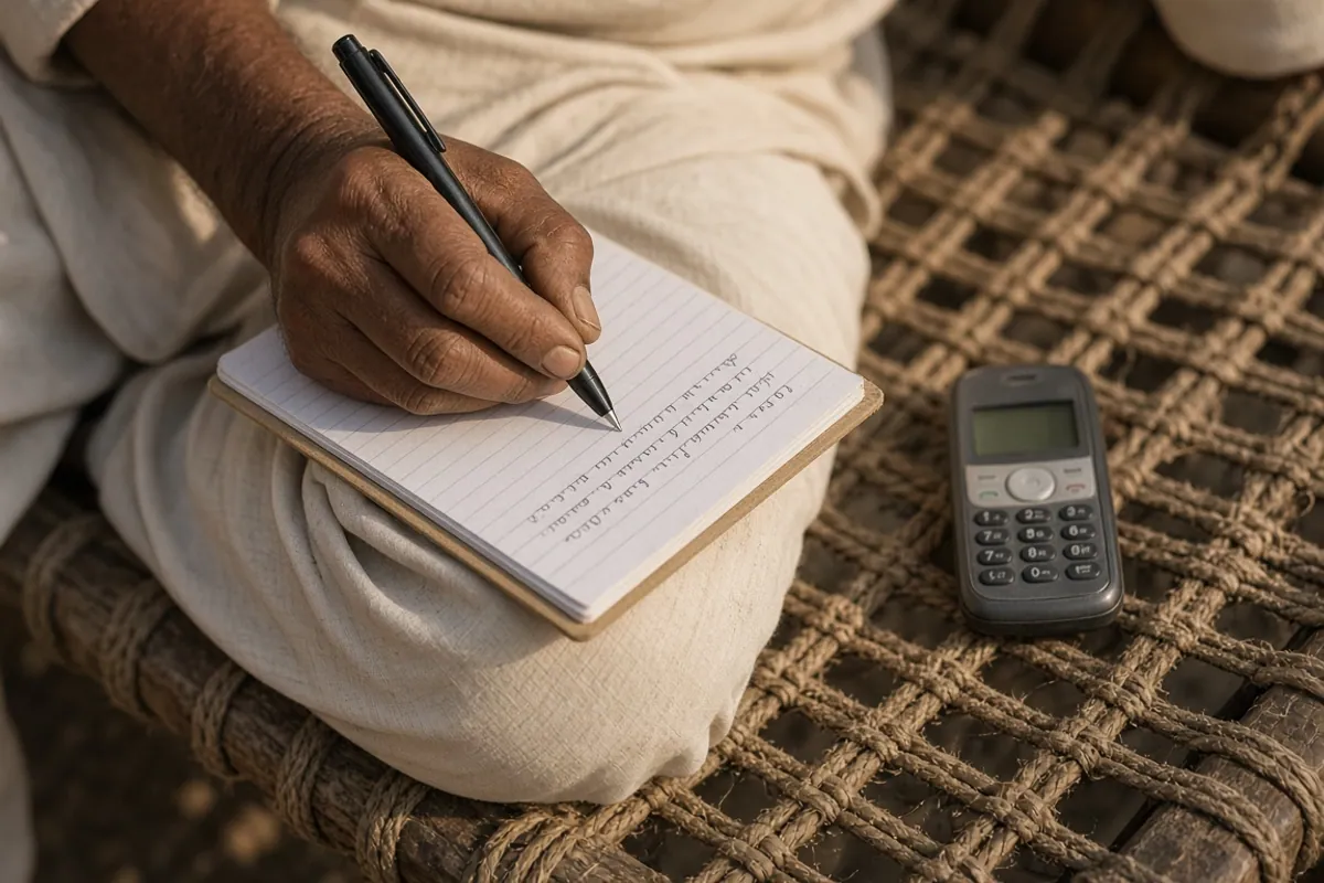 Close-up of a farmer writing in a small notebook on his knee, with a keypad phone lying on the charpai beside him