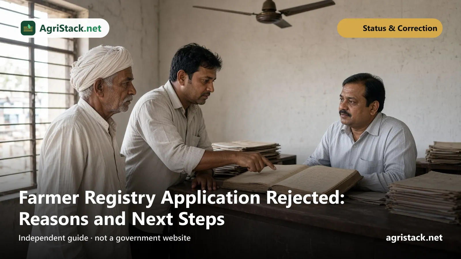 Elderly farmer and his son at a government office counter pointing to an entry in an old land register while a clerk listens
