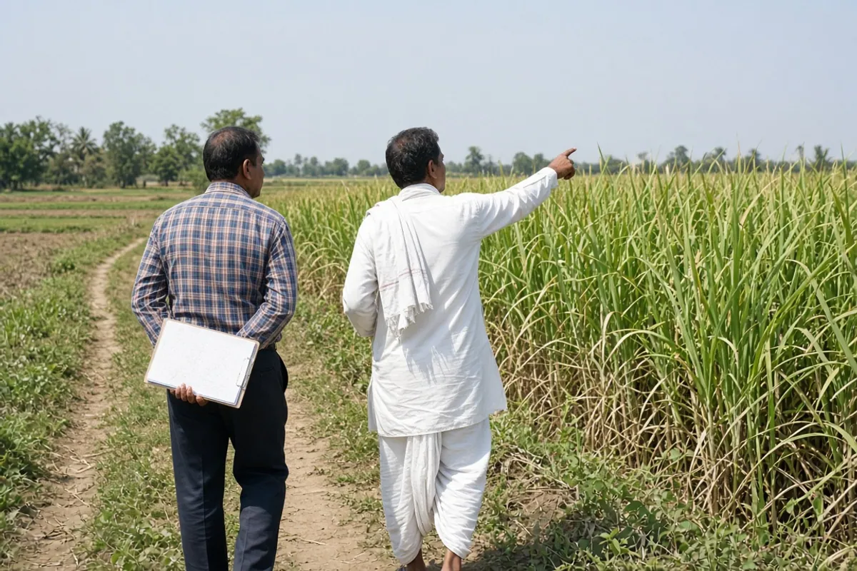 Revenue official holding a clipboard walking beside a farmer who points across his sugarcane field