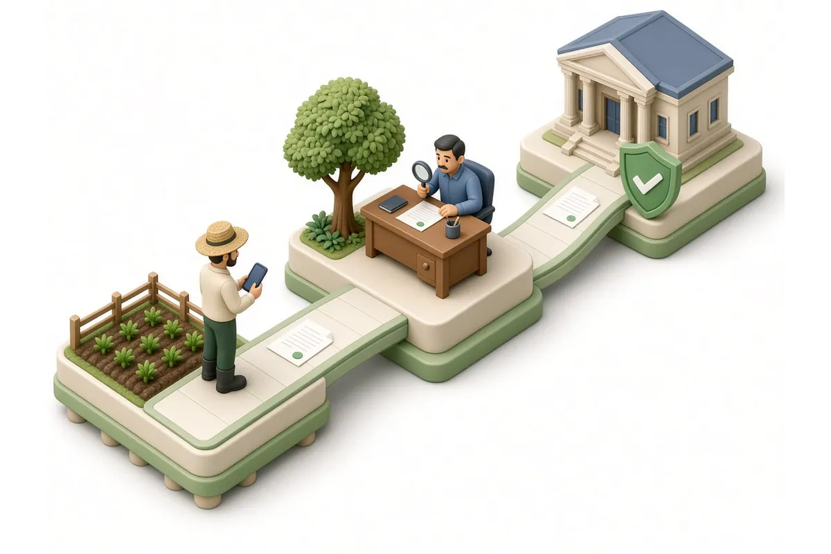 Isometric illustration of a document moving from a farmer with a phone, to an official checking it with a magnifying glass, to an office with a green shield