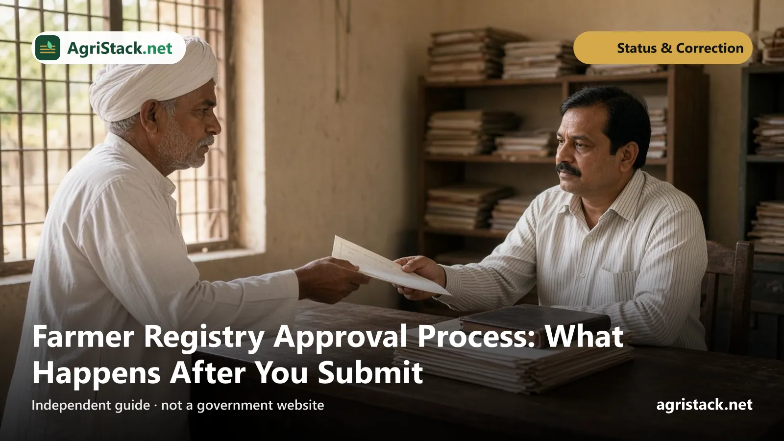 Farmer in a white turban handing a land record paper across a wooden desk to an official in a revenue office