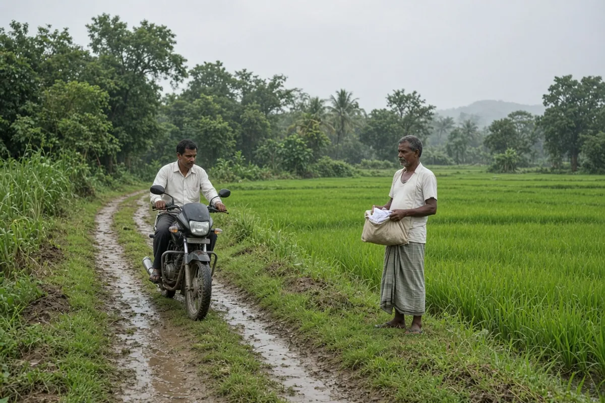Official arriving on a motorcycle along a muddy track where a farmer waits beside his paddy field with a cloth bag