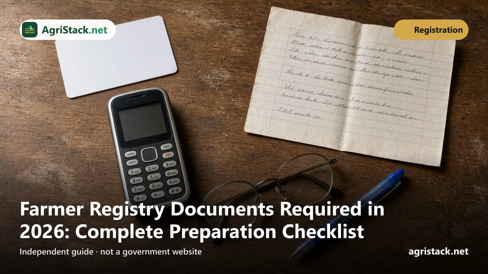 A blank card, a basic keypad mobile phone, a handwritten paper, reading glasses and a pen laid out on a wooden table