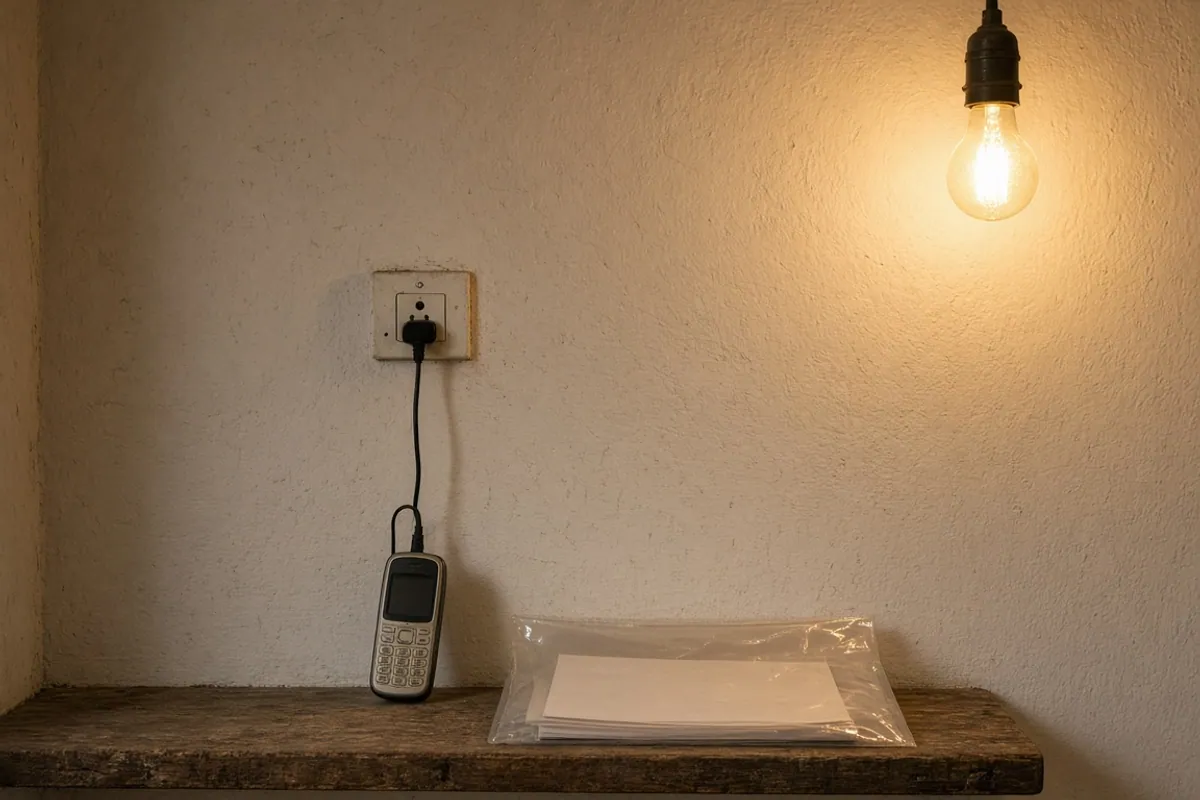 Keypad phone charging from a wall socket next to a plastic folder of papers on a wooden shelf under a bulb