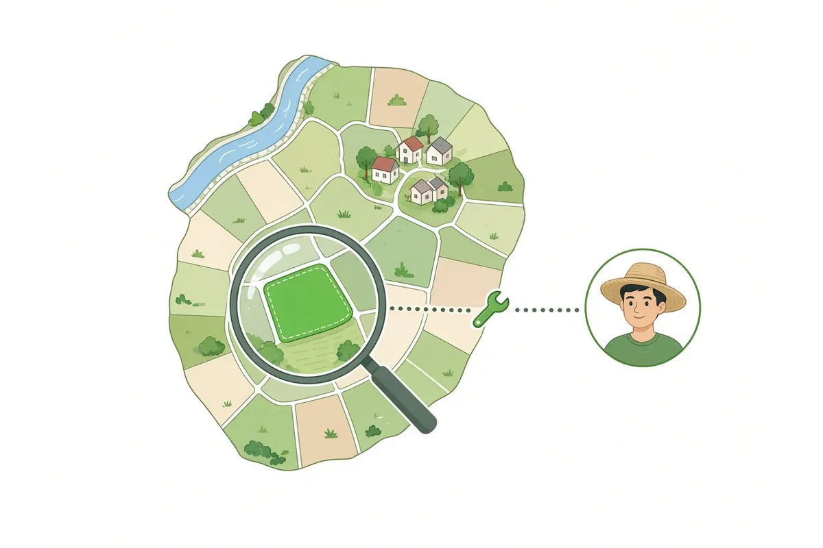 Illustration of a village plot map with one plot under a magnifying glass, linked to a farmer by a dotted line being repaired with a wrench
