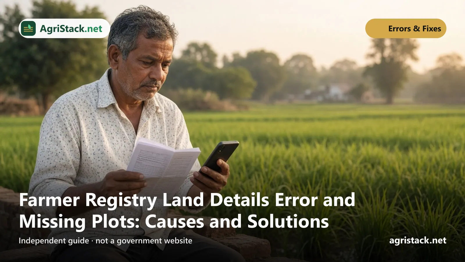 Farmer comparing a printed land record with a phone screen while sitting at the edge of his field