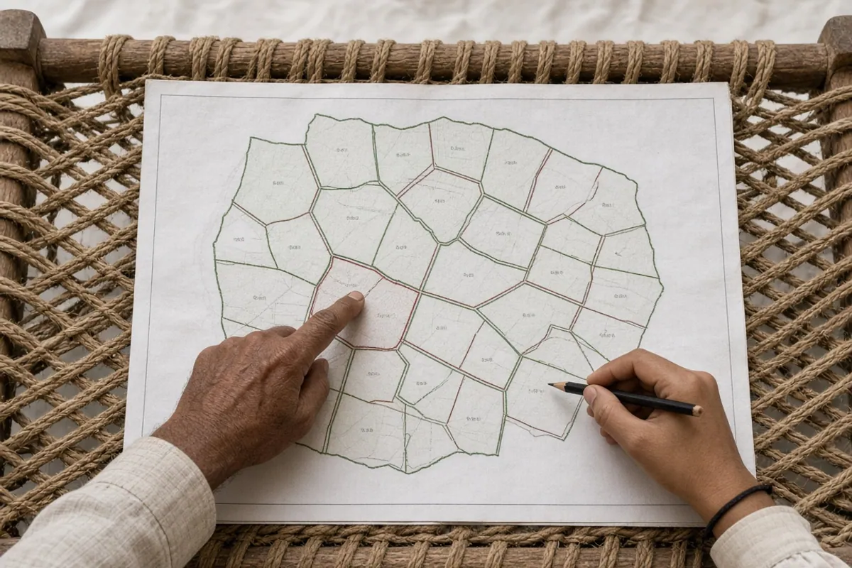 Overhead view of a farmer pointing to one plot on a printed village map while a younger hand holds a pencil