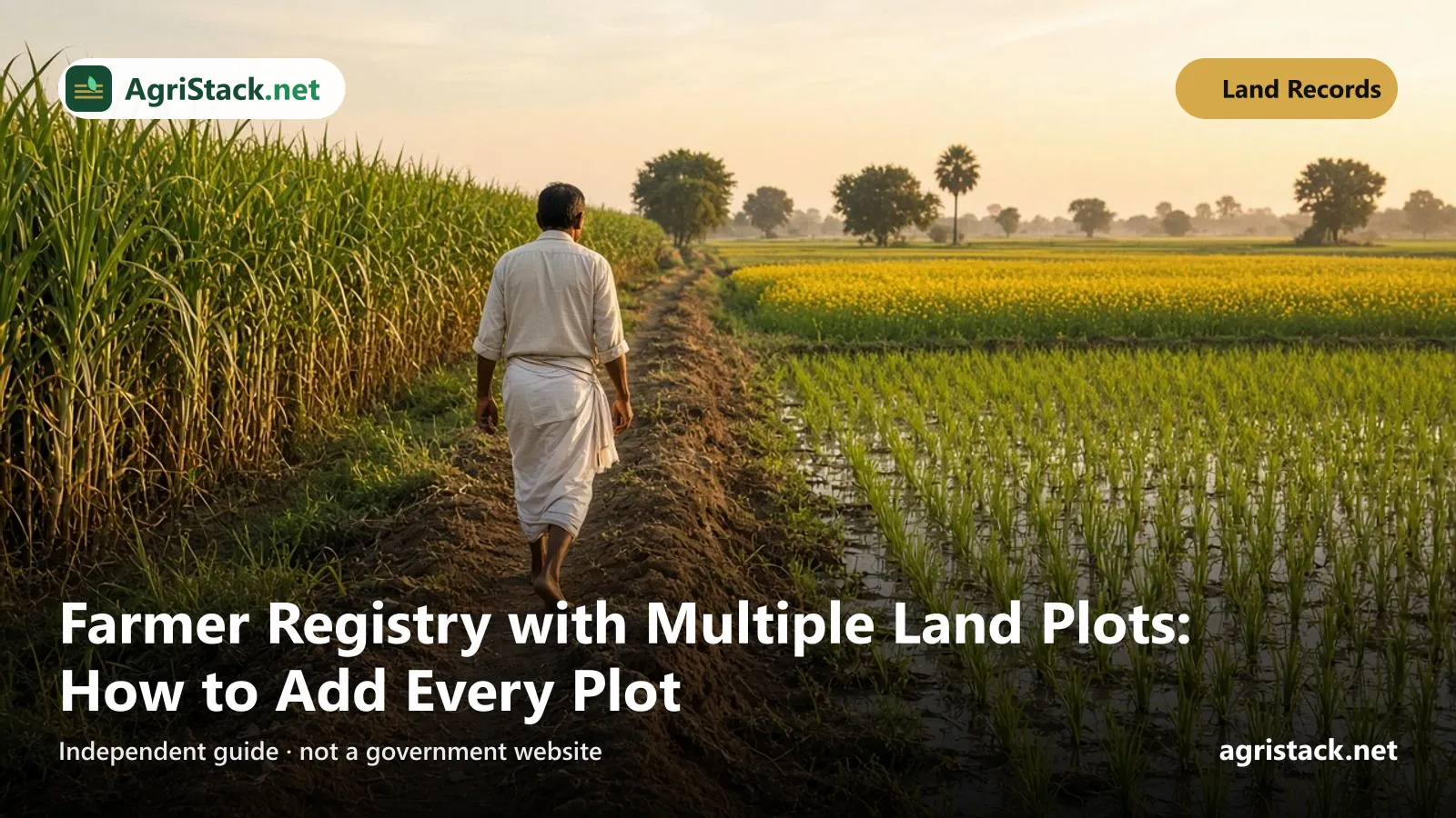 Farmer walking along a raised path between several separate cultivated plots with different crops