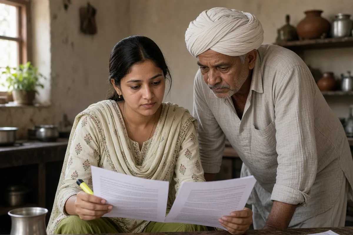 Young woman holding a highlighter compares two printed sheets at a kitchen table while her father leans in