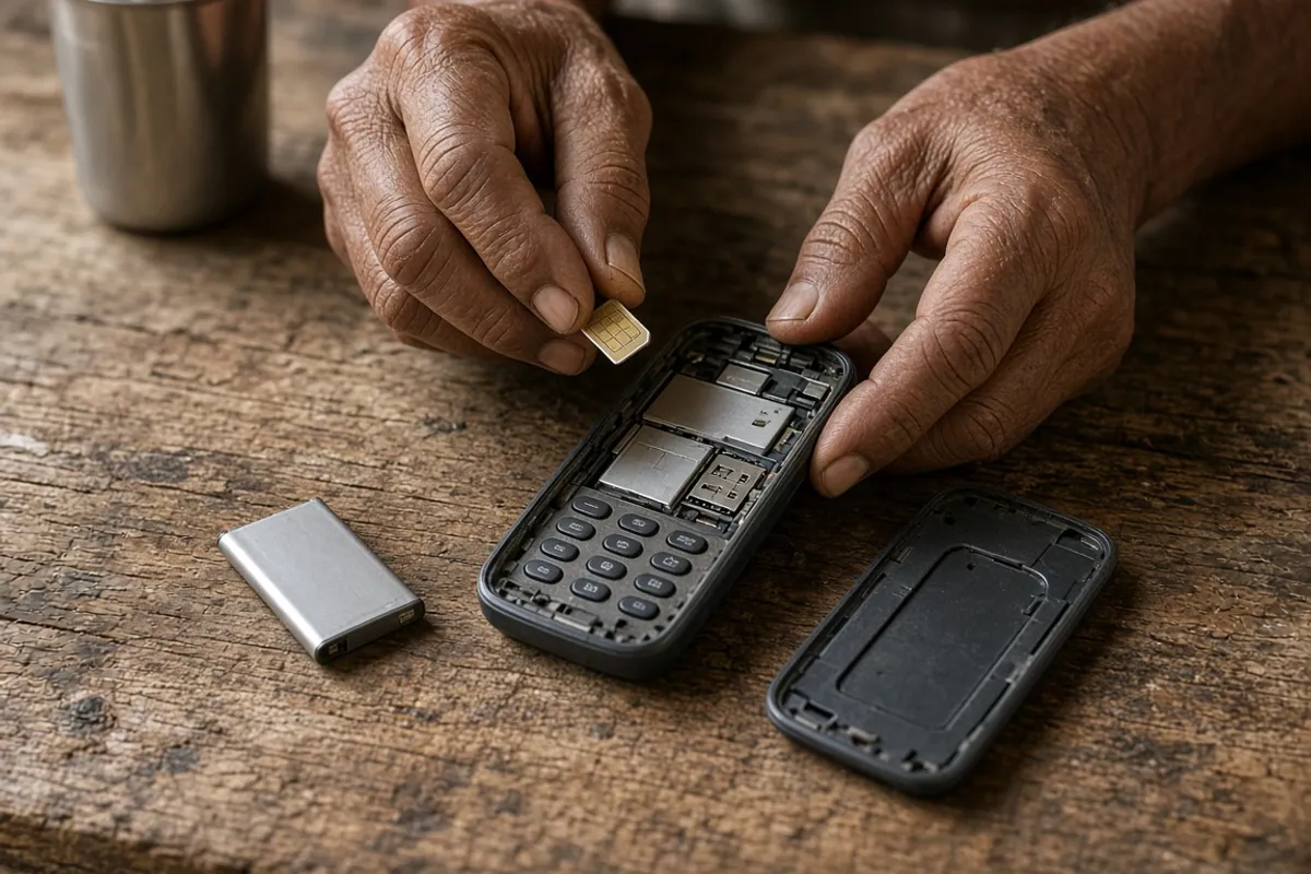 Close-up of a farmer fitting a SIM card into an opened keypad phone with the battery and back cover beside it