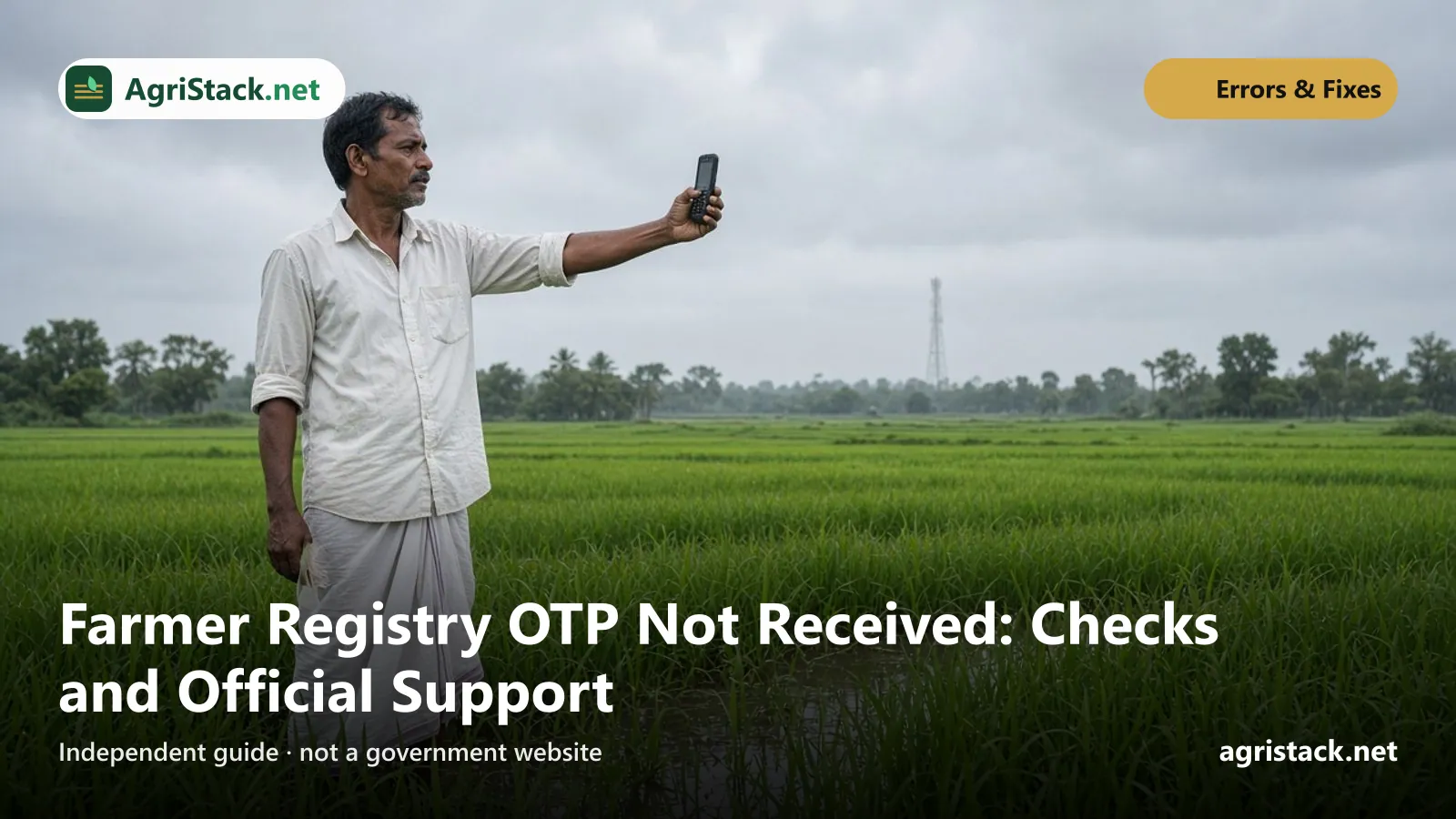 Farmer standing in a paddy field holding up a keypad mobile phone to find signal