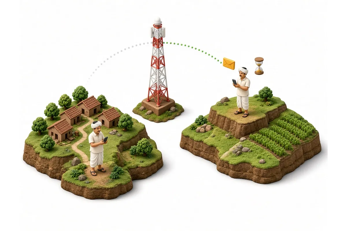 Isometric illustration of a farmer in a low village losing the tower signal, and the same farmer on higher ground receiving a message envelope