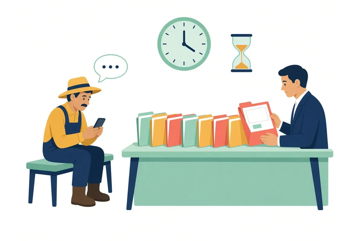 Illustration of an official reviewing one folder from a long row of folders while a farmer waits on a bench under a clock and an hourglass