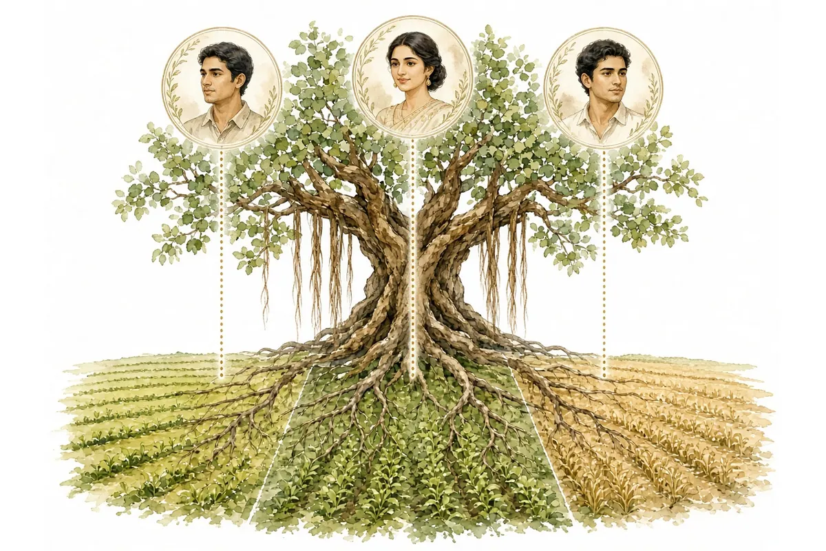 Watercolour banyan tree whose roots spread into a field divided in three, with portraits of two sons and a daughter linked to their portions
