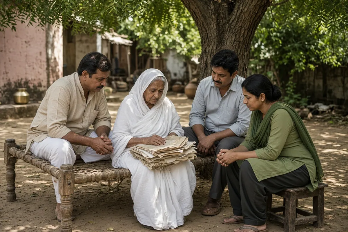 Elderly widow holding a bundle of old papers on a charpai under a tree, with her two sons and daughter around her