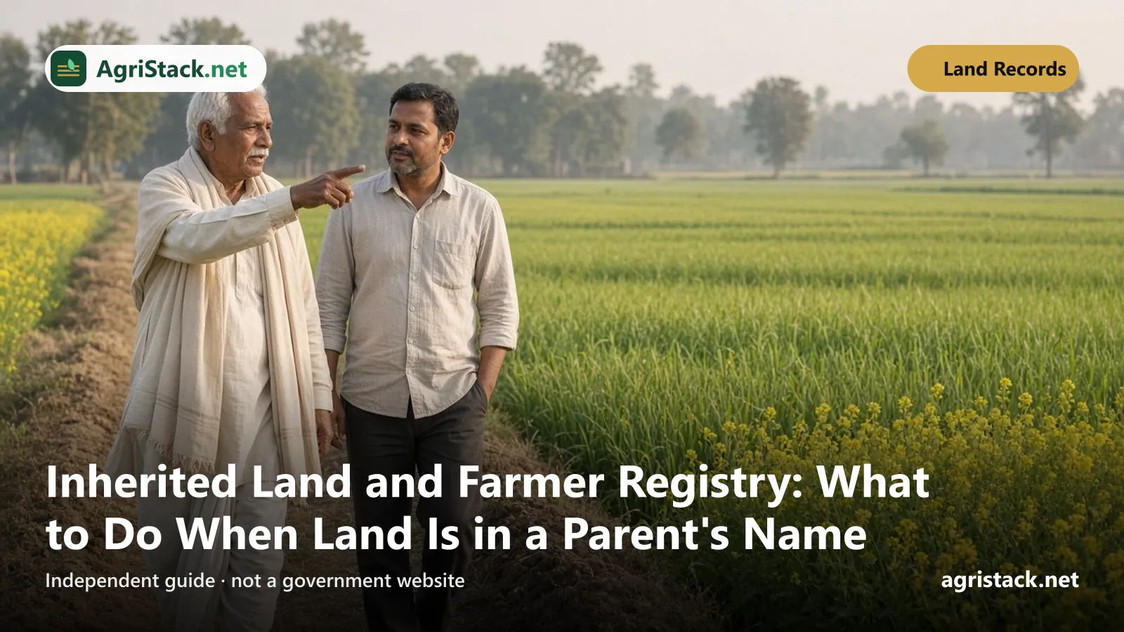 Elderly farmer and his adult son walking along a field boundary while the father points across their land