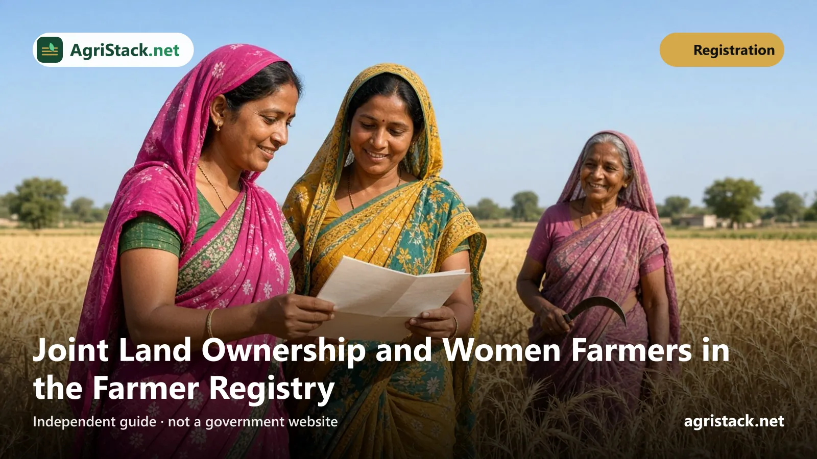 Two women farmers in sarees reading a paper together in a wheat field while an older woman holding a sickle stands behind them
