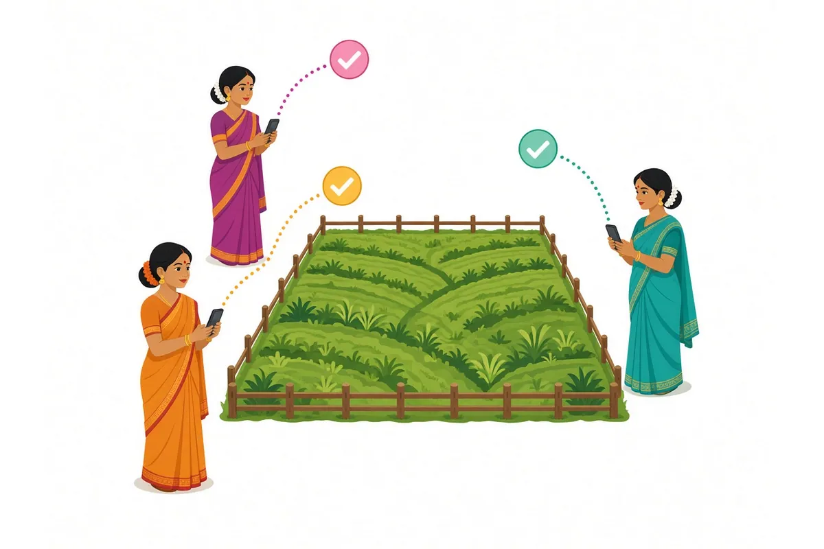 Illustration of three women in sarees around one fenced field, each using her own phone and getting her own tick