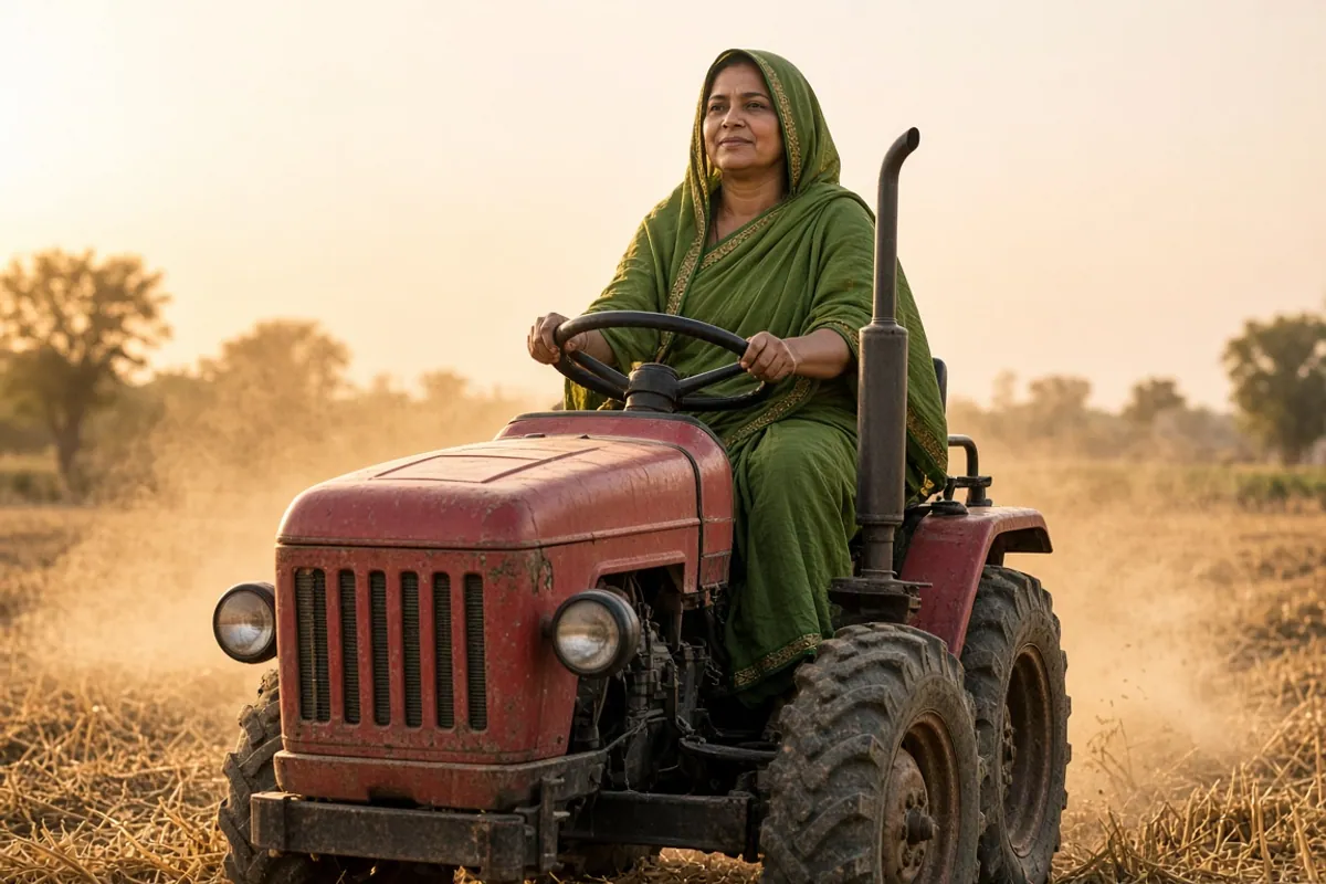 Woman farmer in a green saree driving a small red tractor across a harvested field at sunset