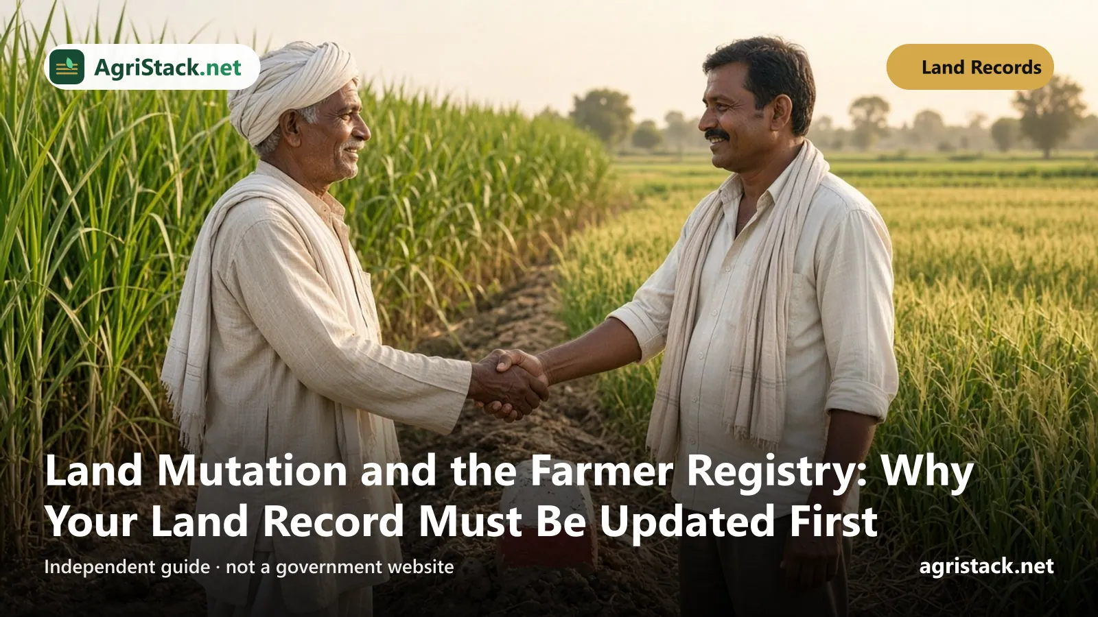 Two farmers shaking hands across a field boundary marked with a stone after agreeing a land transfer