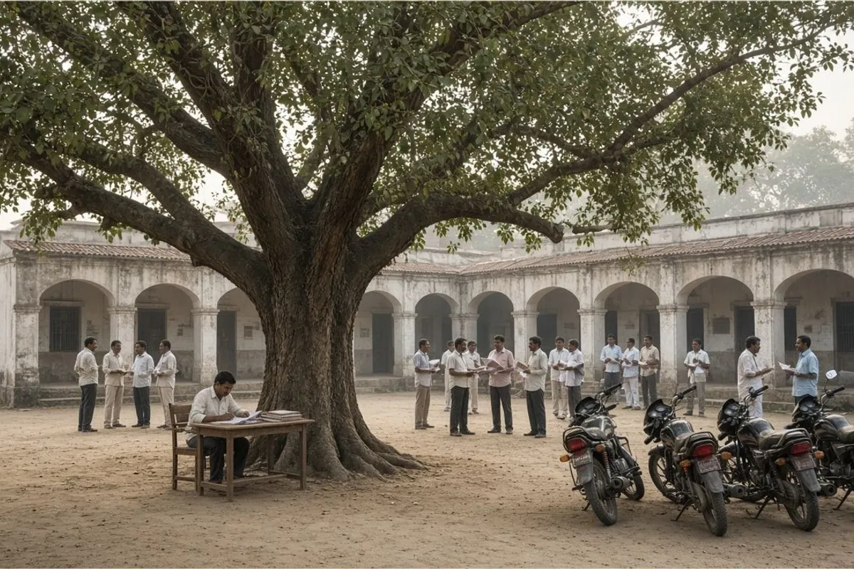Villagers holding files in the courtyard of an old arched office building, with a clerk at a table under a large tree