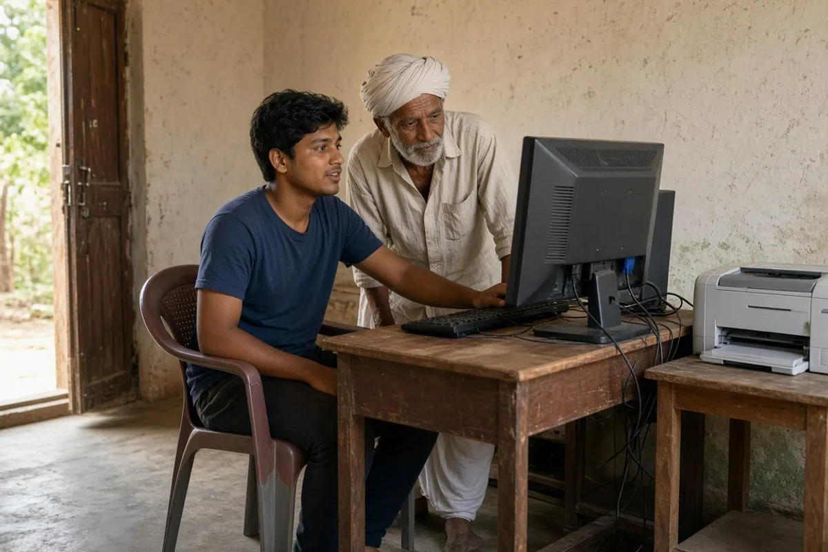Young man at a desktop computer in a village internet cafe explaining something to an older farmer leaning over his shoulder