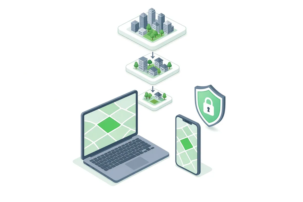 Isometric illustration of a laptop and phone showing one highlighted plot, below three shrinking tiles from city to town to village, with a padlock shield