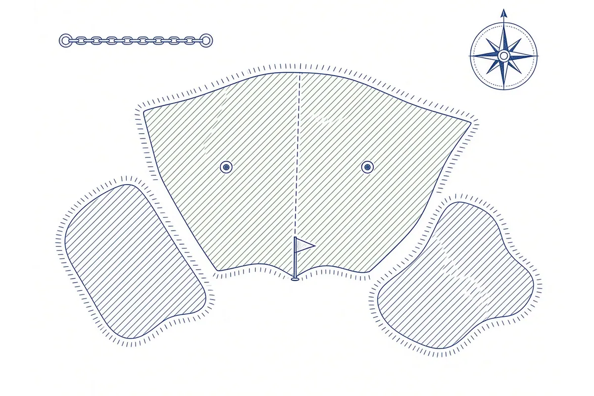 Blueprint-style plan of three field plots, the largest split by a dashed line into two shaded sub-plots with a flag at the shared corner