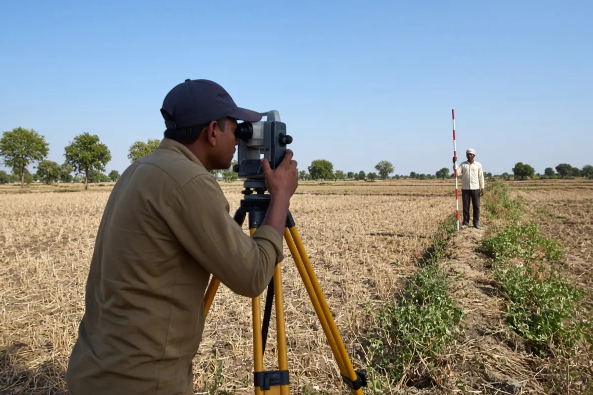 Surveyor looking through a tripod instrument at a harvested field while an assistant holds a striped pole in the distance