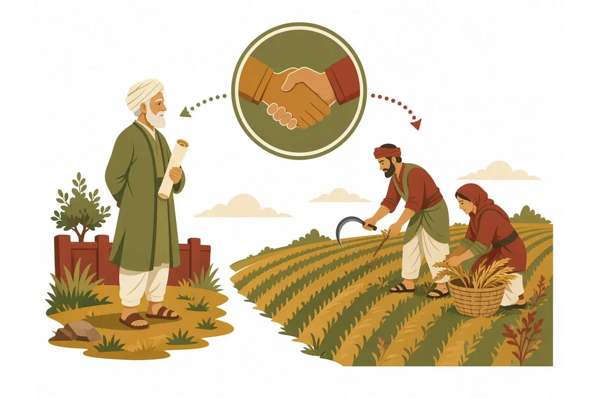 Illustration of a landowner holding a rolled deed, a handshake medallion, and a tenant couple harvesting the same field